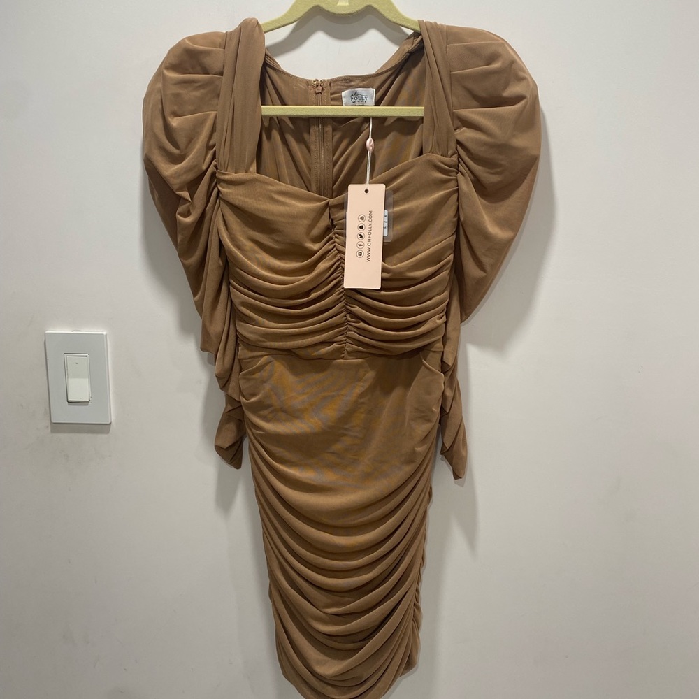 Ohpolly Sexy Nude Tan Mesh Puff Sleeve Sheer Dress - Picture 3 of 5